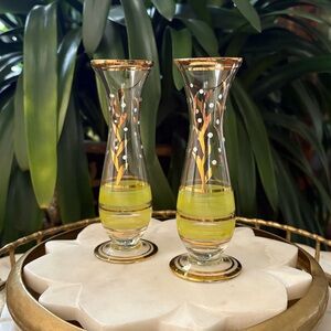 Unique Vintage Pair of Hand Painted Glass Bud Vases - Set of 2 Gold and Green